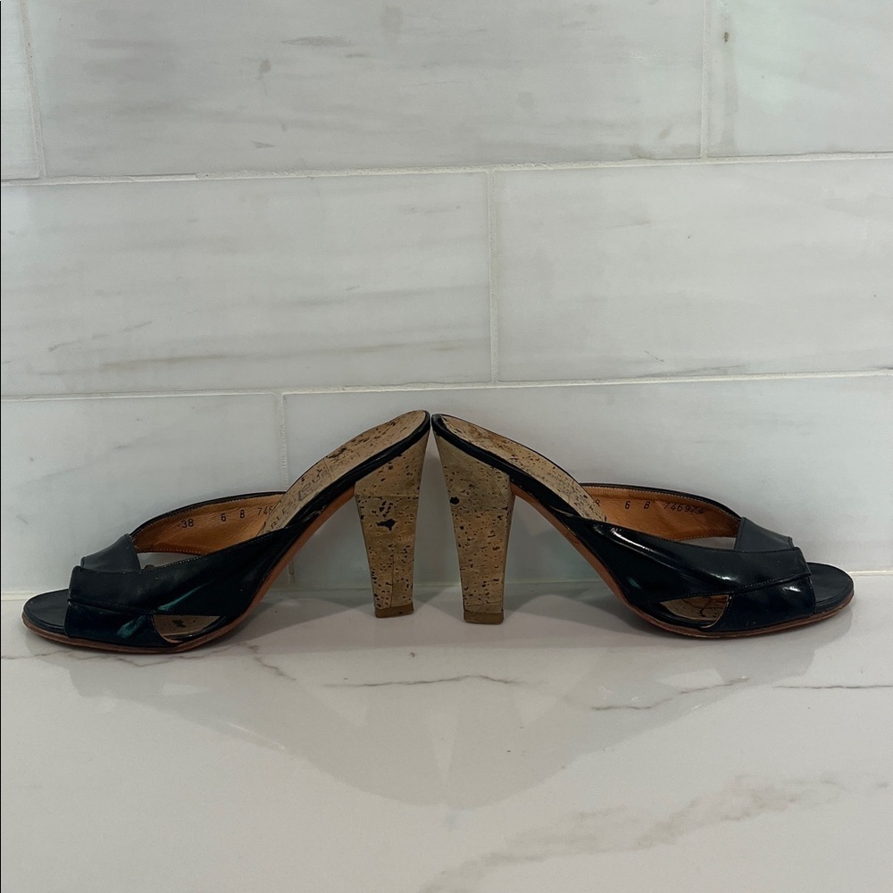 Charles Jourdan Vintage Black Patent Leather Cork Heels Sandals Mules - Picture 5 of 11